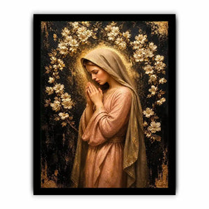 Luxury praying woman wall art with gold floral halo and blush pink spiritual canvas painting