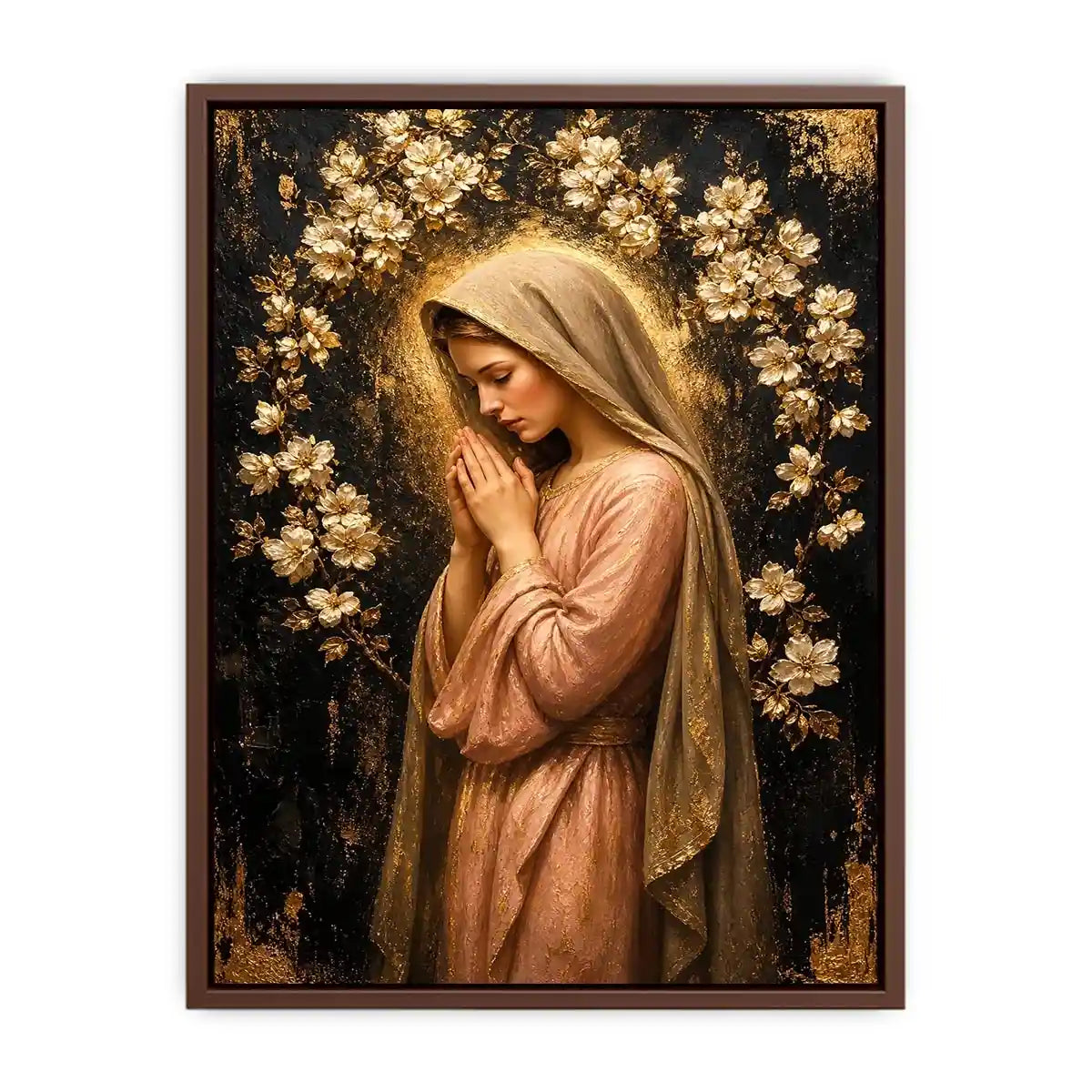 Luxury praying woman wall art with gold floral halo and blush pink spiritual canvas painting