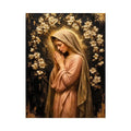 Luxury praying woman wall art with gold floral halo and blush pink spiritual canvas painting