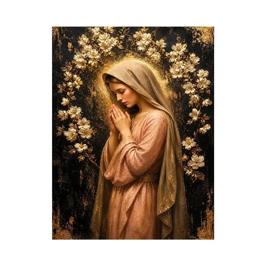 Luxury praying woman wall art with gold floral halo and blush pink spiritual canvas painting