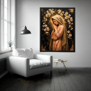 Luxury praying woman wall art with gold floral halo and blush pink spiritual canvas painting