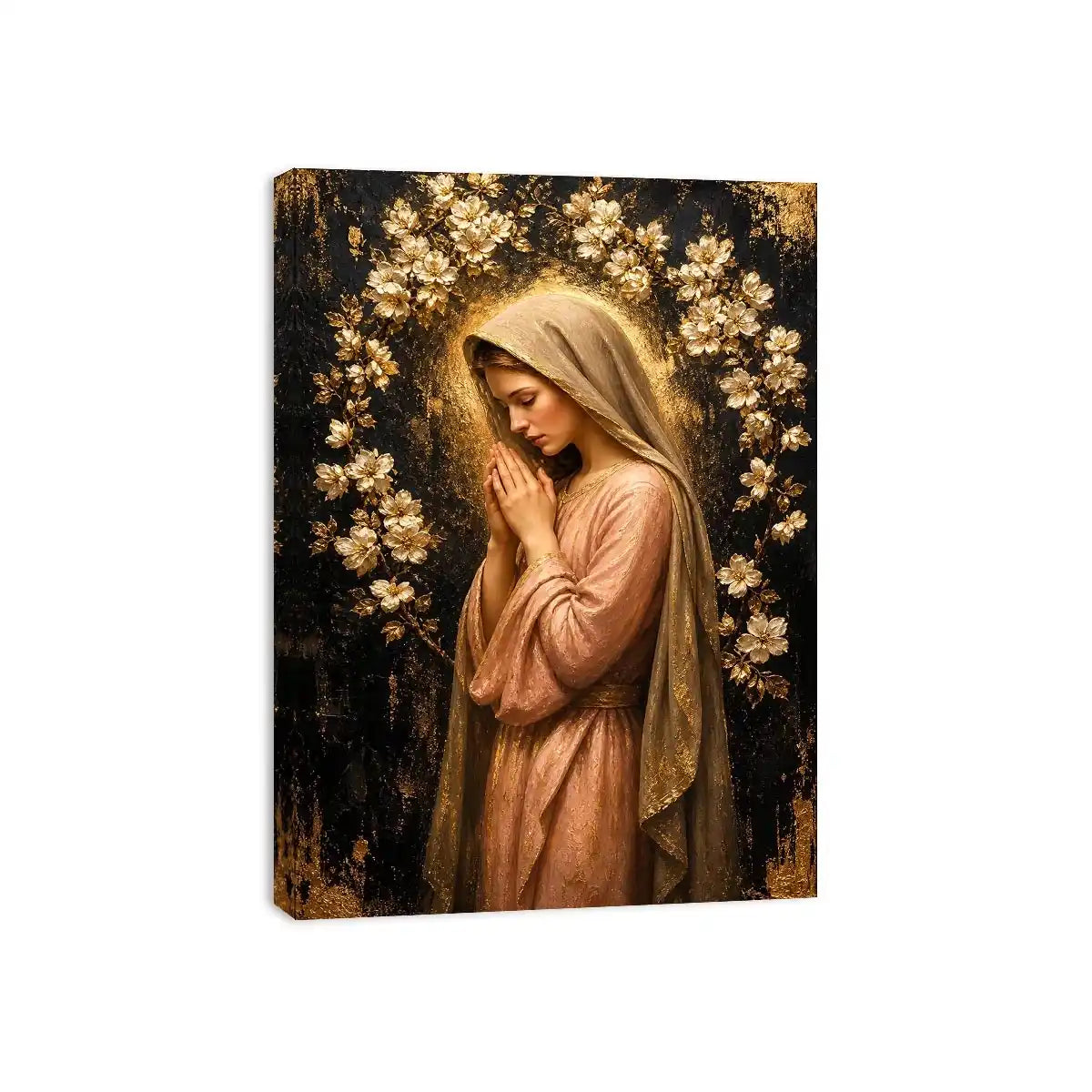 Luxury praying woman wall art with gold floral halo and blush pink spiritual canvas painting
