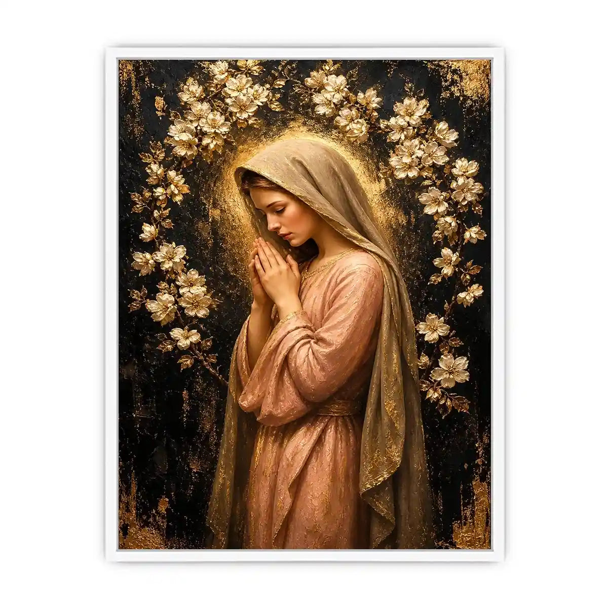 Luxury praying woman wall art with gold floral halo and blush pink spiritual canvas painting