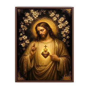 Sacred Heart of Jesus wall art with golden halo and floral luxury religious canvas print