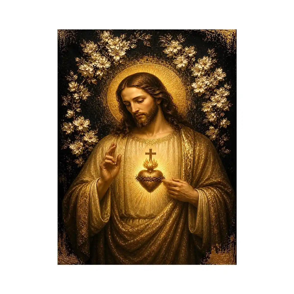 Sacred Heart of Jesus wall art with golden halo and floral luxury religious canvas print