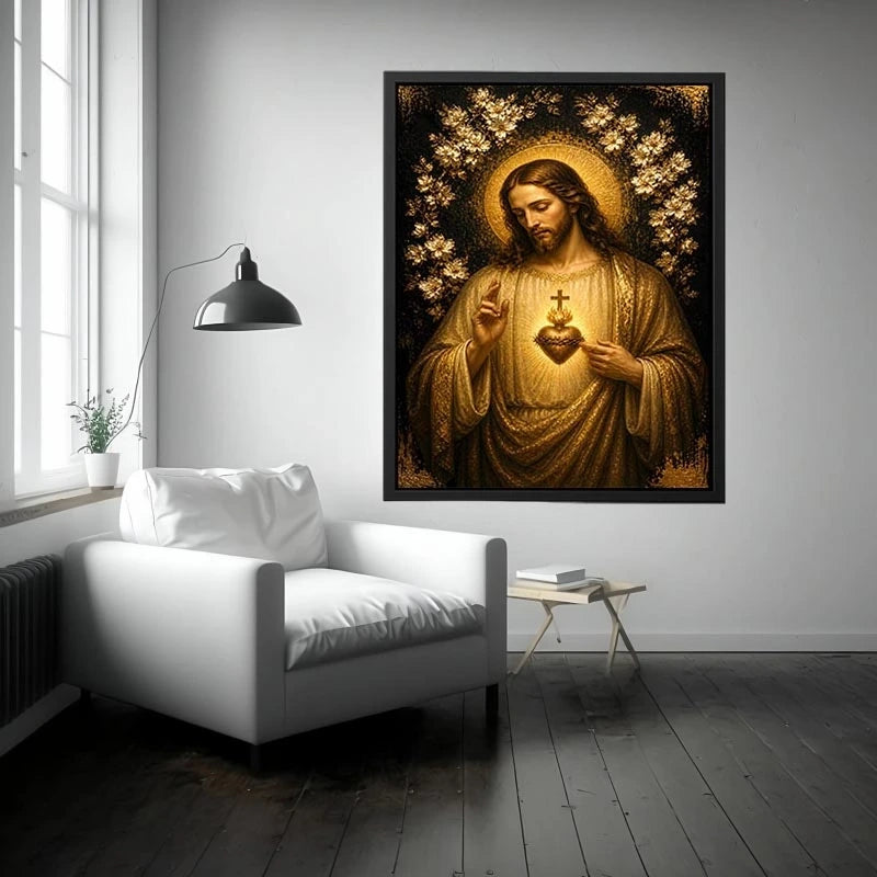 Sacred Heart of Jesus wall art with golden halo and floral luxury religious canvas print