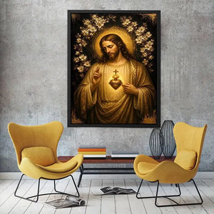 Sacred Heart of Jesus wall art with golden halo and floral luxury religious canvas print