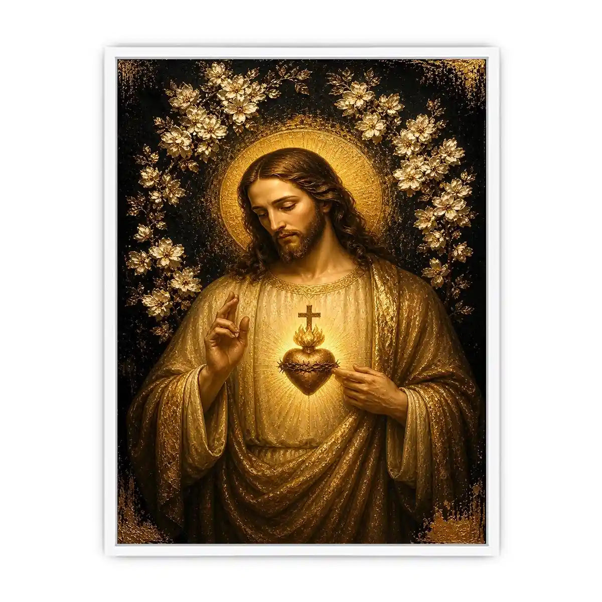 Sacred Heart of Jesus wall art with golden halo and floral luxury religious canvas print
