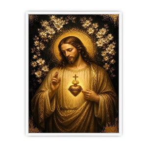 Sacred Heart of Jesus wall art with golden halo and floral luxury religious canvas print