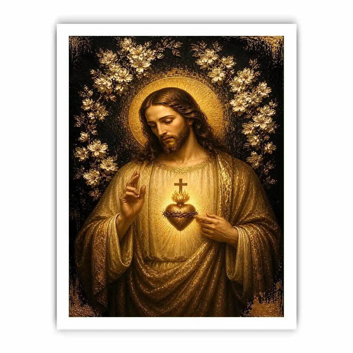 Sacred Heart of Jesus wall art with golden halo and floral luxury religious canvas print