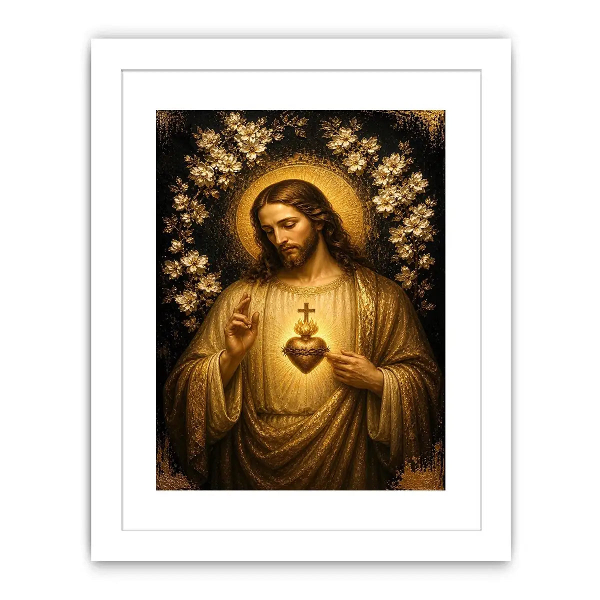 Sacred Heart of Jesus wall art with golden halo and floral luxury religious canvas print