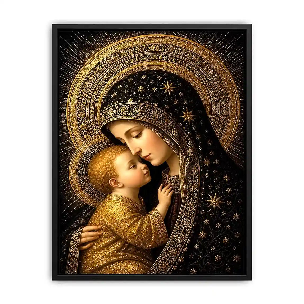 Madonna and Child wall art with golden halos black and gold religious canvas print