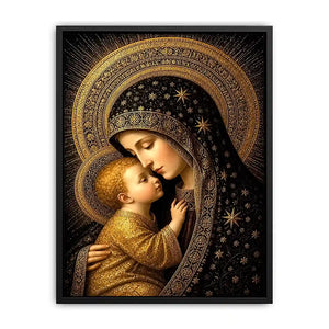 Madonna and Child wall art with golden halos black and gold religious canvas print