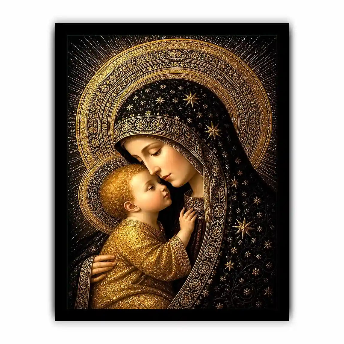 Madonna and Child wall art with golden halos black and gold religious canvas print