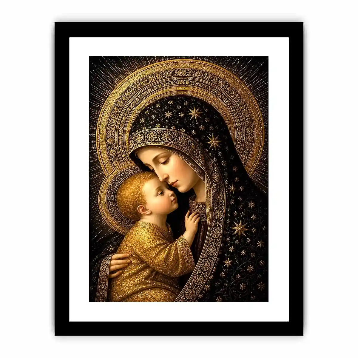 Madonna and Child wall art with golden halos black and gold religious canvas print