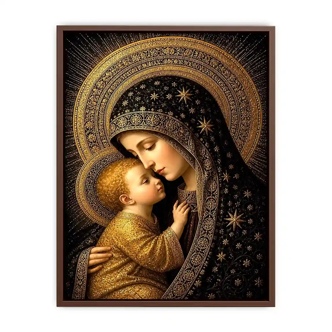 Madonna and Child wall art with golden halos black and gold religious canvas print