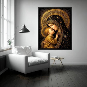 Madonna and Child wall art with golden halos black and gold religious canvas print