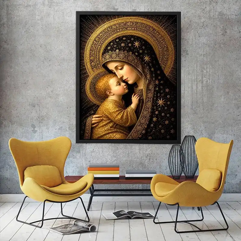 Madonna and Child wall art with golden halos black and gold religious canvas print