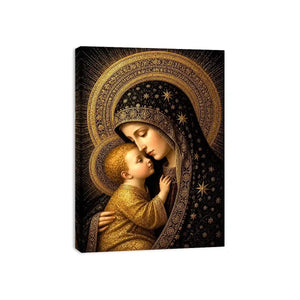 Madonna and Child wall art with golden halos black and gold religious canvas print