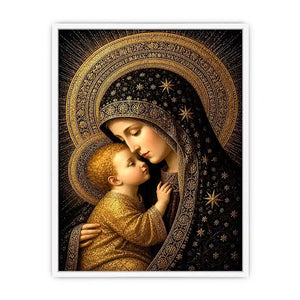 Madonna and Child wall art with golden halos black and gold religious canvas print