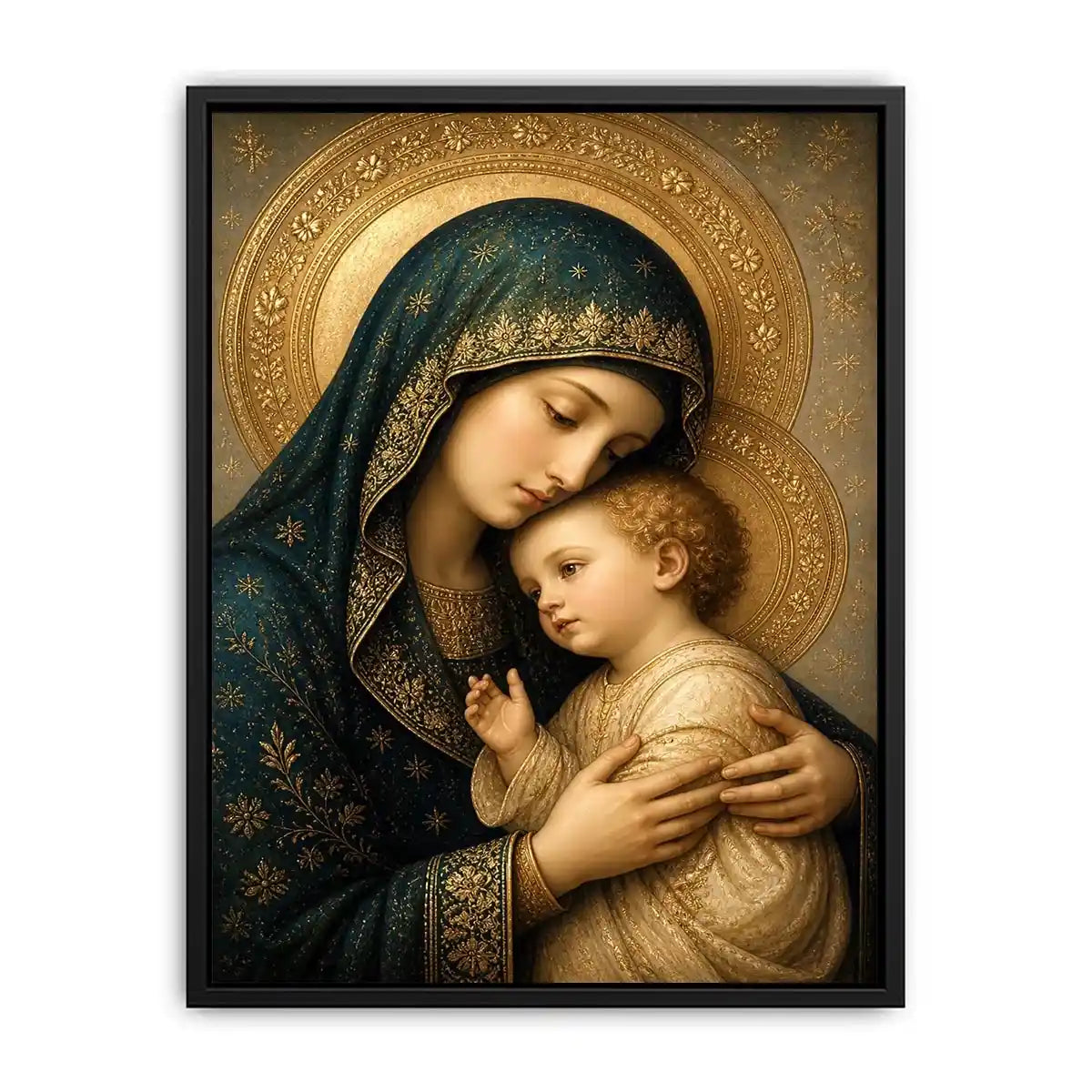 Virgin Mary and Child luxury religious wall art with gold halo and blue robes, sacred Christian canvas painting with Renaissance inspired detailing