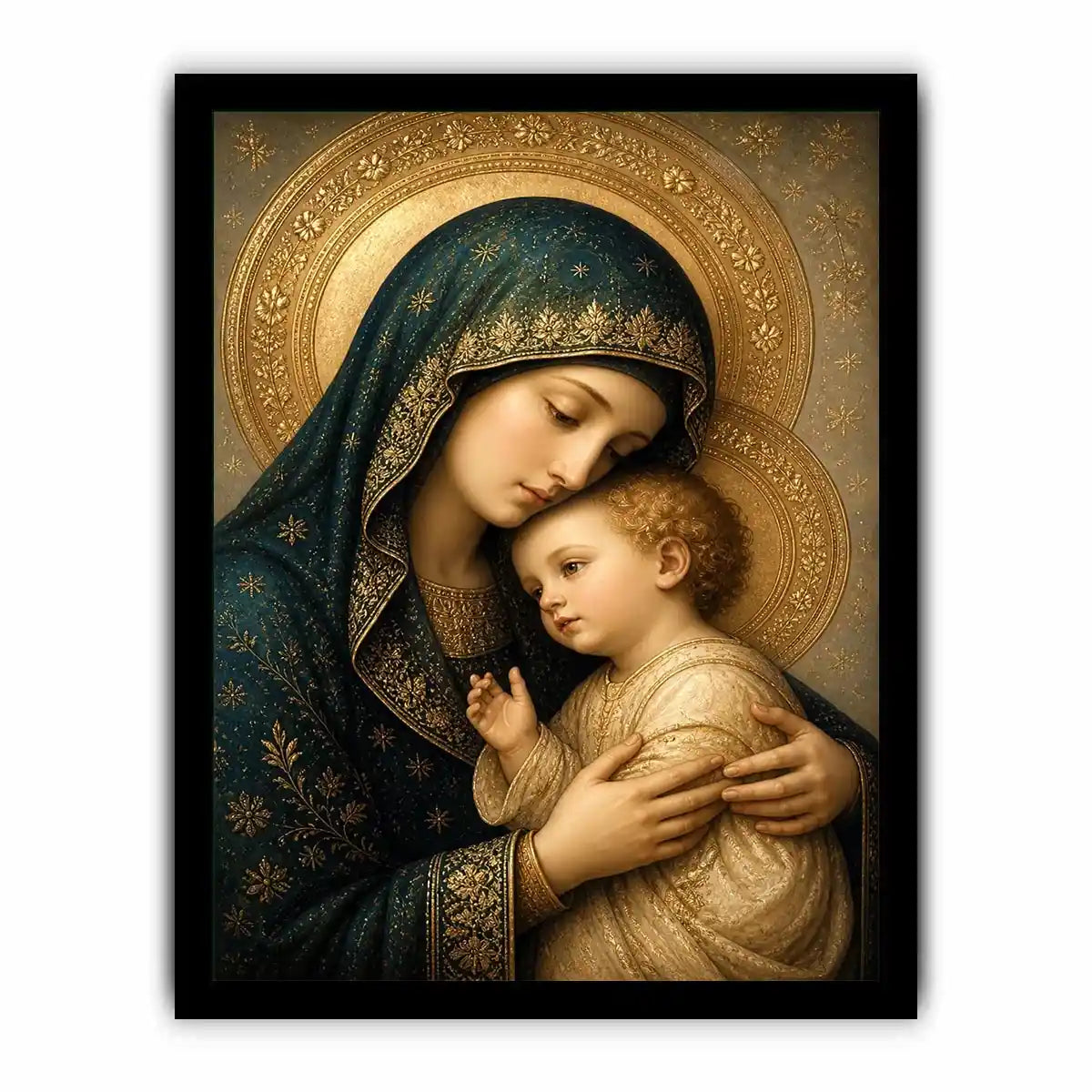 Virgin Mary and Child luxury religious wall art with gold halo and blue robes, sacred Christian canvas painting with Renaissance inspired detailing