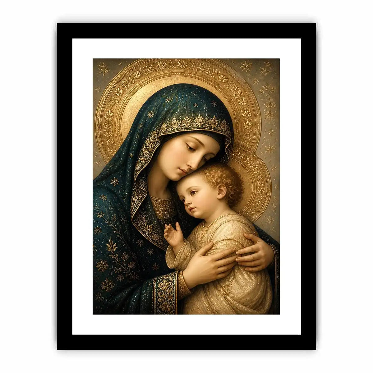 Virgin Mary and Child luxury religious wall art with gold halo and blue robes, sacred Christian canvas painting with Renaissance inspired detailing