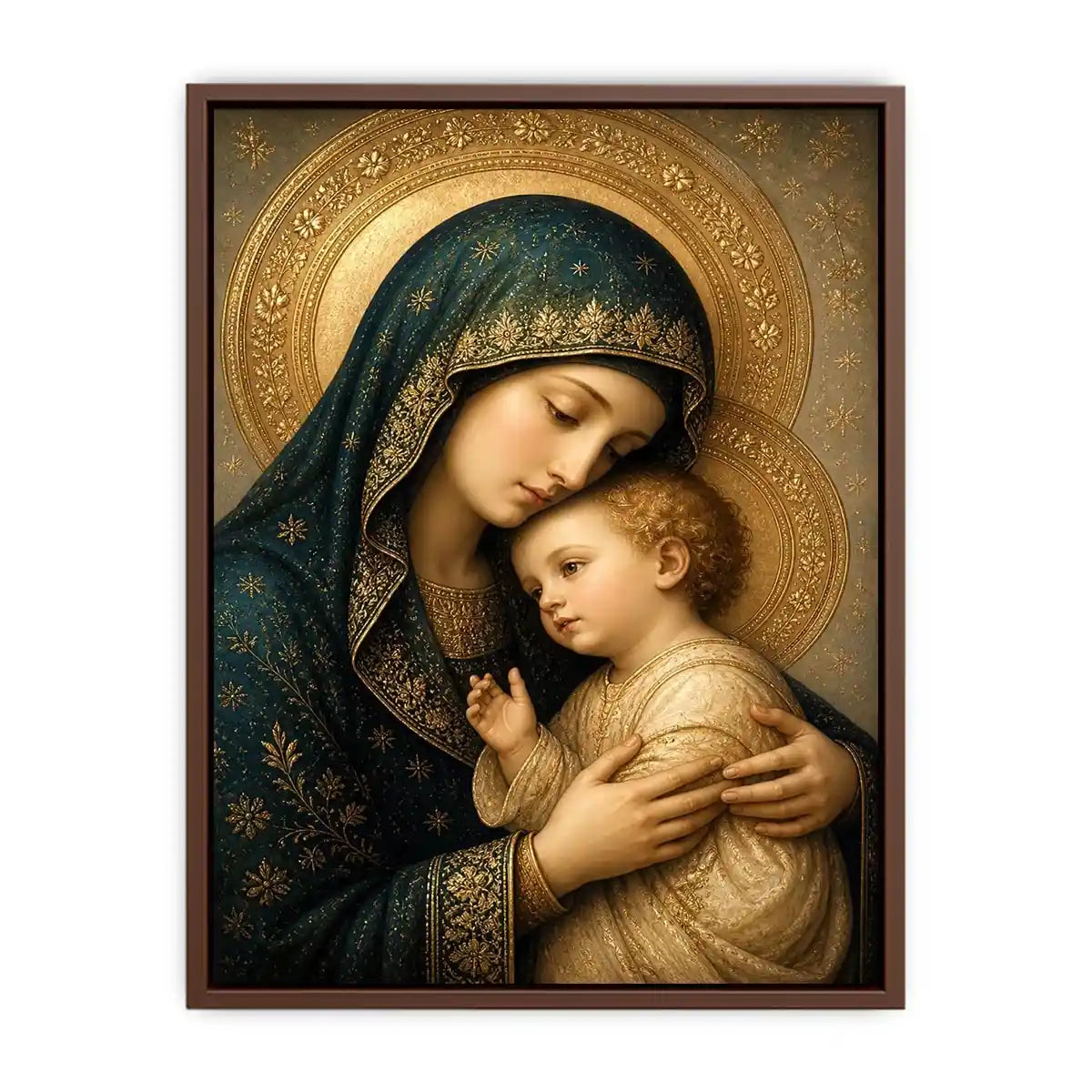 Virgin Mary and Child luxury religious wall art with gold halo and blue robes, sacred Christian canvas painting with Renaissance inspired detailing