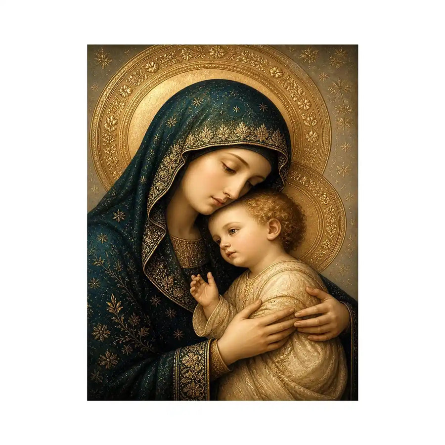 Virgin Mary and Child luxury religious wall art with gold halo and blue robes, sacred Christian canvas painting with Renaissance inspired detailing