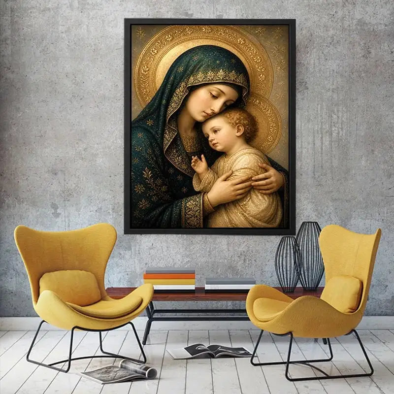 Virgin Mary and Child luxury religious wall art with gold halo and blue robes, sacred Christian canvas painting with Renaissance inspired detailing