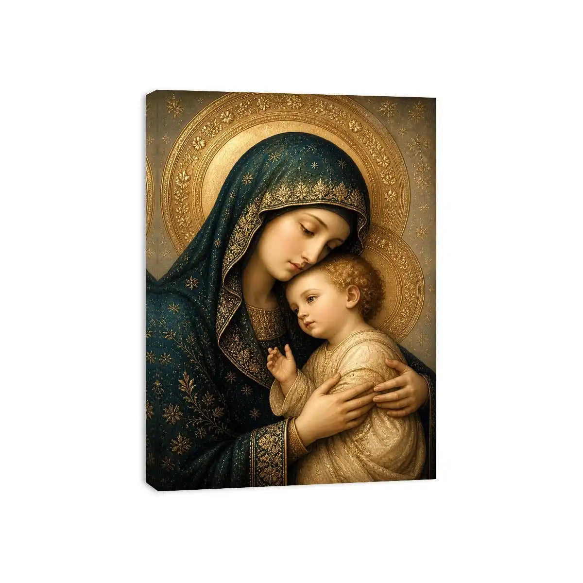 Virgin Mary and Child luxury religious wall art with gold halo and blue robes, sacred Christian canvas painting with Renaissance inspired detailing