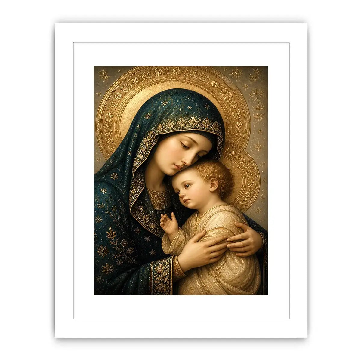 Virgin Mary and Child luxury religious wall art with gold halo and blue robes, sacred Christian canvas painting with Renaissance inspired detailing