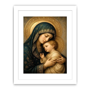 Virgin Mary and Child luxury religious wall art with gold halo and blue robes, sacred Christian canvas painting with Renaissance inspired detailing