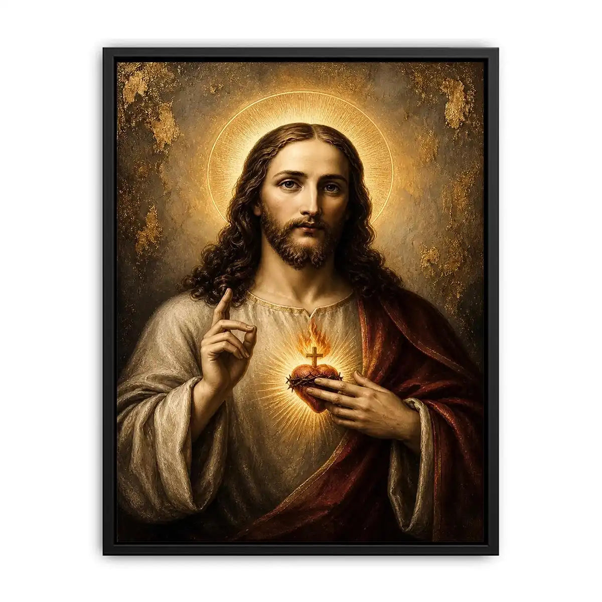 Sacred Heart of Jesus luxury Christian canvas wall art with glowing halo, golden divine light, and Renaissance inspired religious portrait