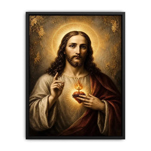 Sacred Heart of Jesus luxury Christian canvas wall art with glowing halo, golden divine light, and Renaissance inspired religious portrait