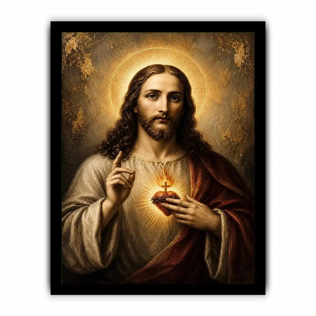 Sacred Heart of Jesus luxury Christian canvas wall art with glowing halo, golden divine light, and Renaissance inspired religious portrait