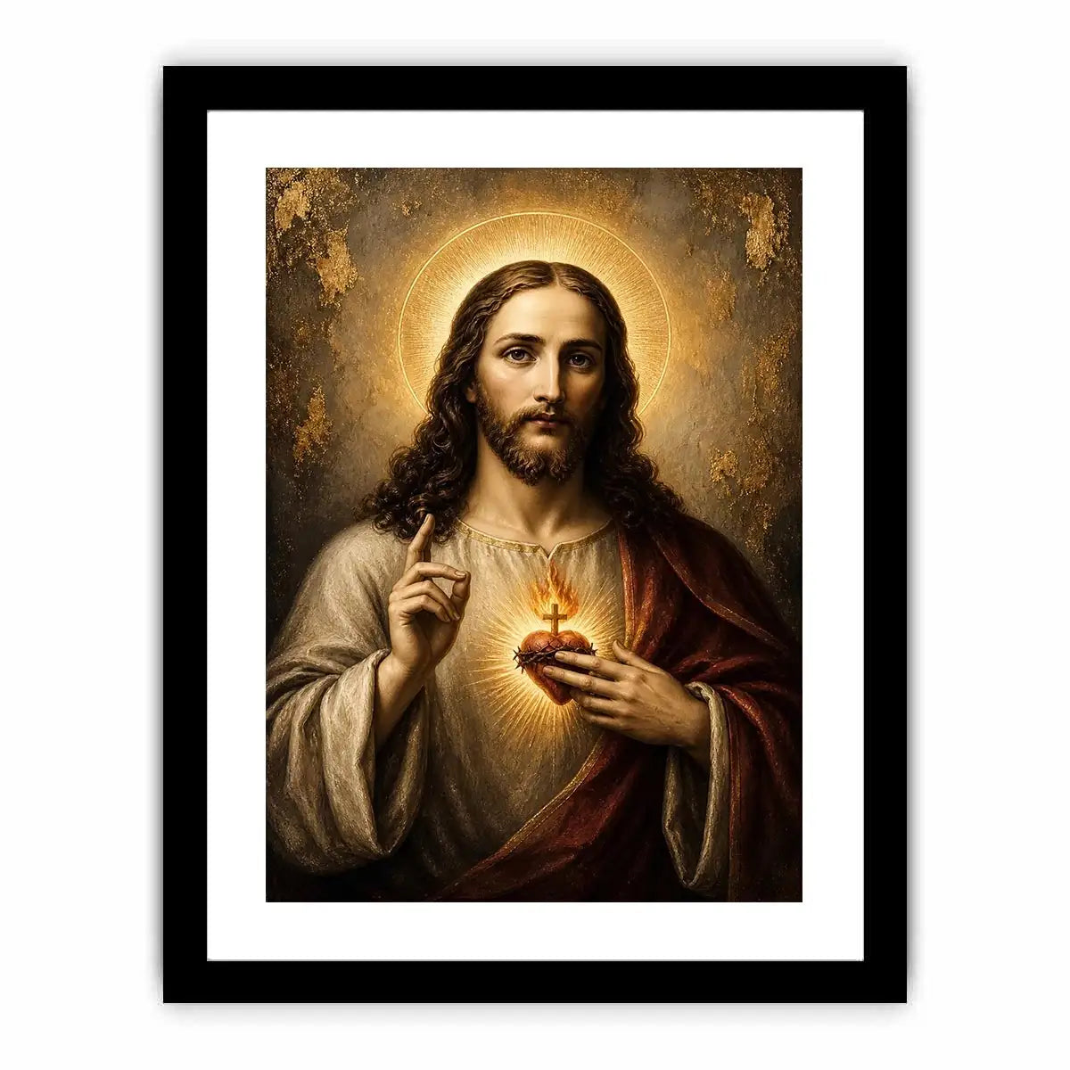 Sacred Heart of Jesus luxury Christian canvas wall art with glowing halo, golden divine light, and Renaissance inspired religious portrait