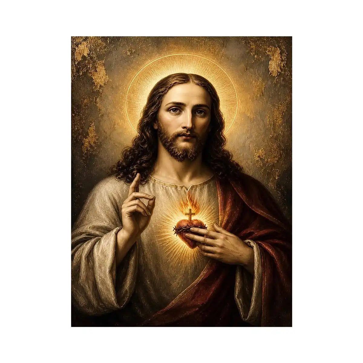 Sacred Heart of Jesus luxury Christian canvas wall art with glowing halo, golden divine light, and Renaissance inspired religious portrait