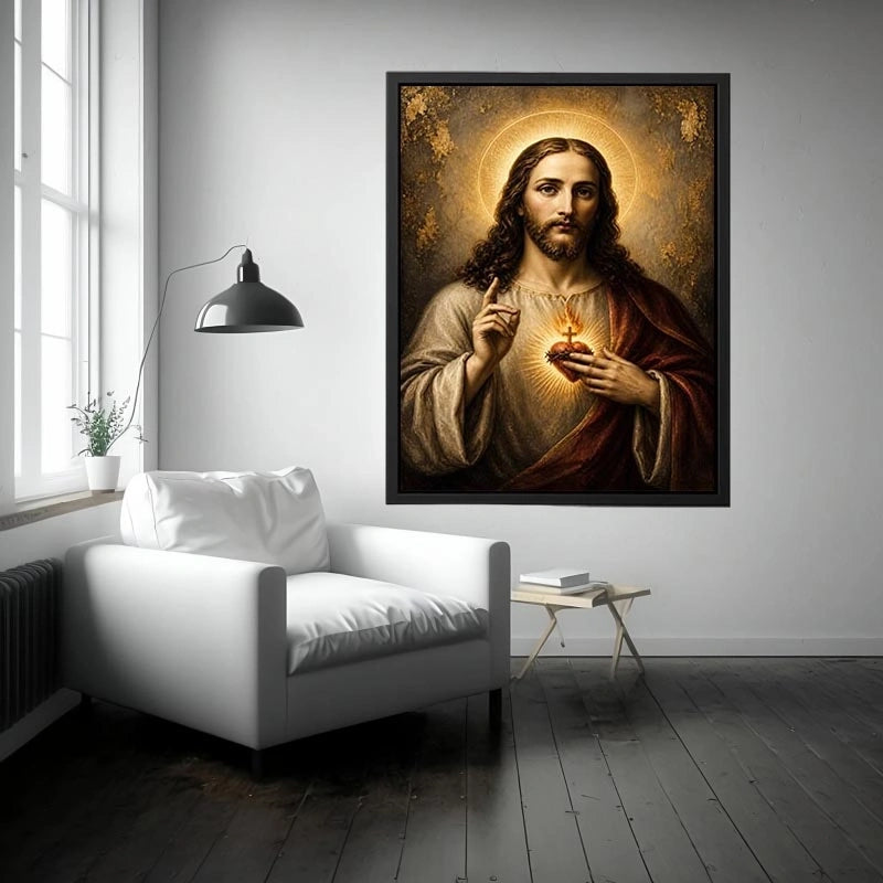 Sacred Heart of Jesus luxury Christian canvas wall art with glowing halo, golden divine light, and Renaissance inspired religious portrait
