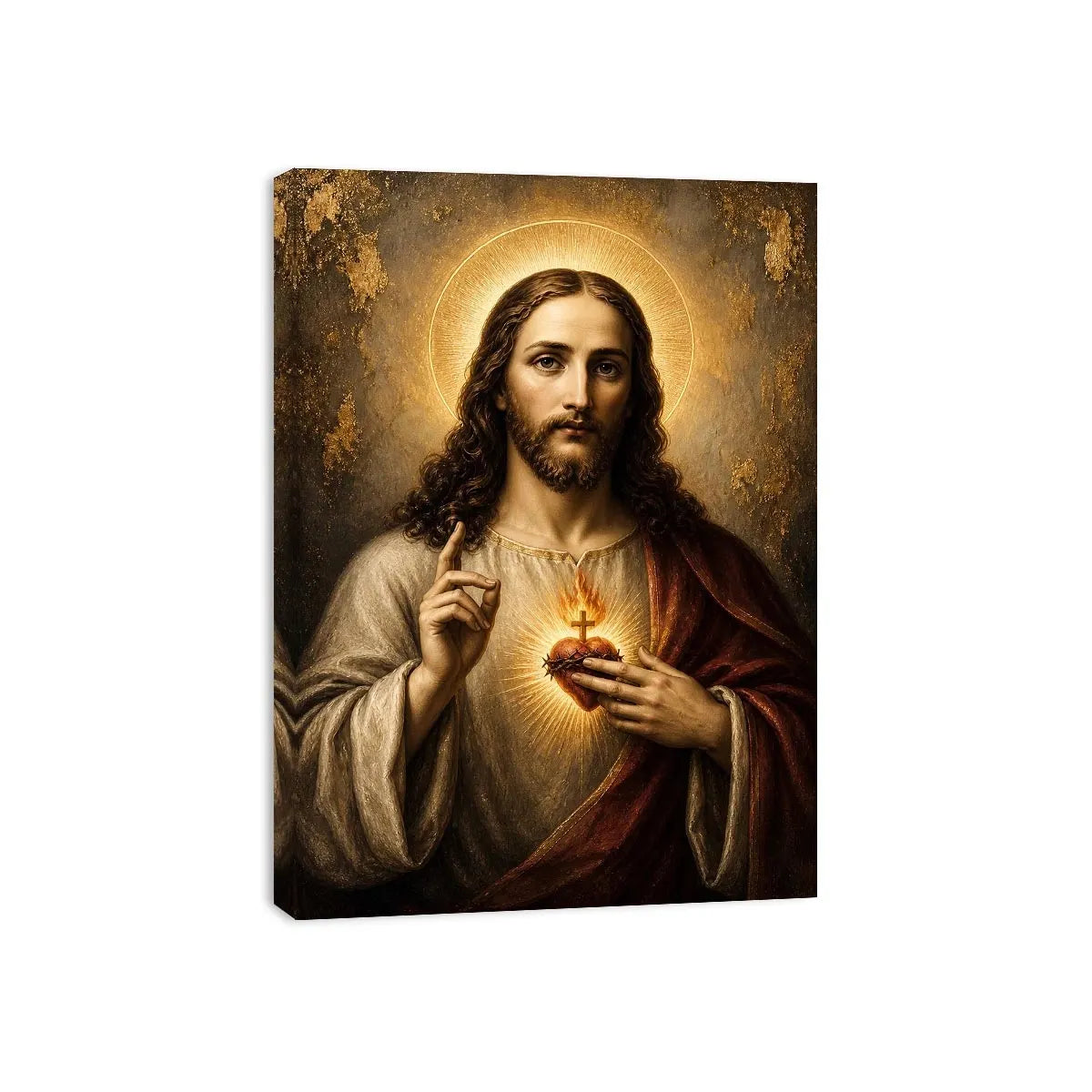 Sacred Heart of Jesus luxury Christian canvas wall art with glowing halo, golden divine light, and Renaissance inspired religious portrait
