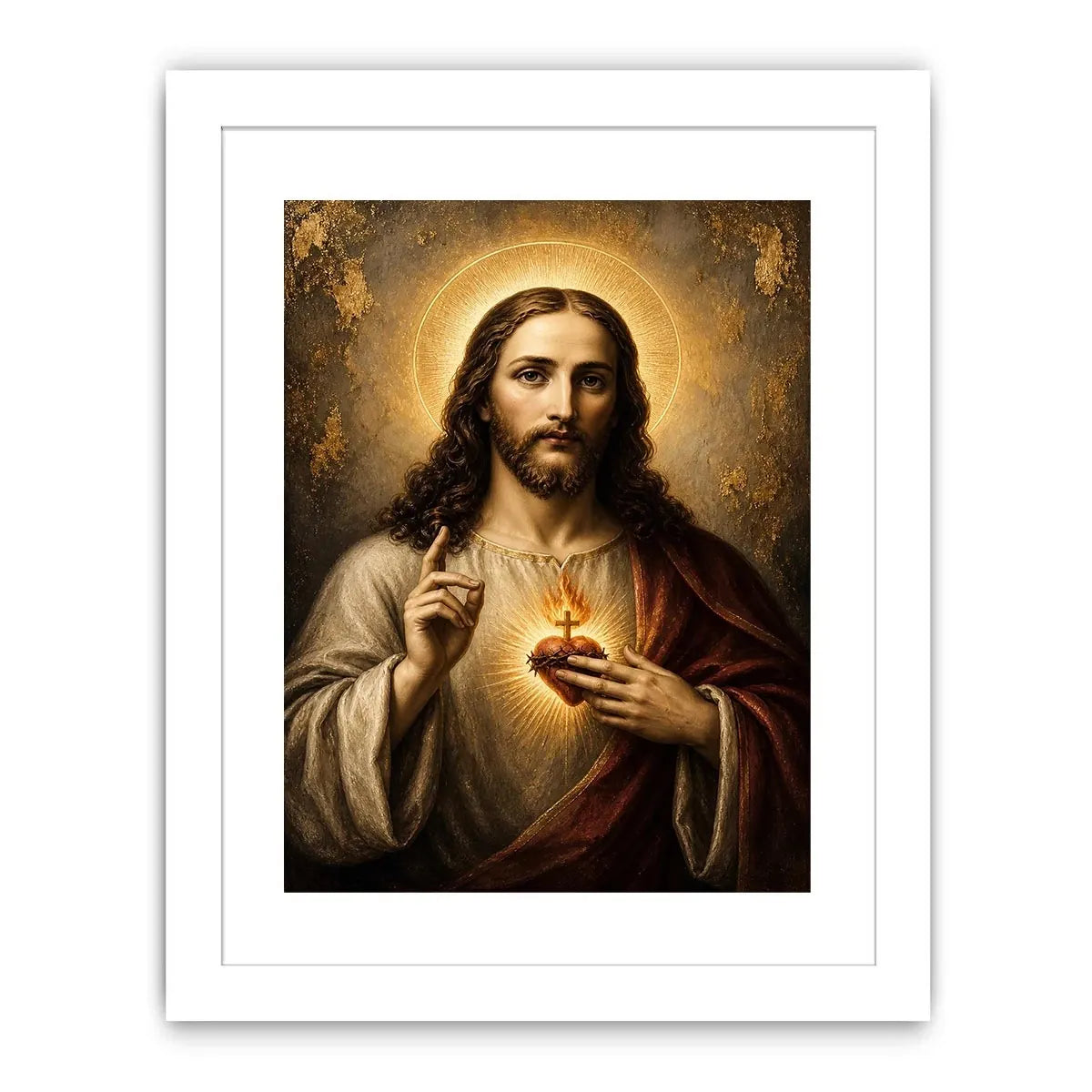 Sacred Heart of Jesus luxury Christian canvas wall art with glowing halo, golden divine light, and Renaissance inspired religious portrait