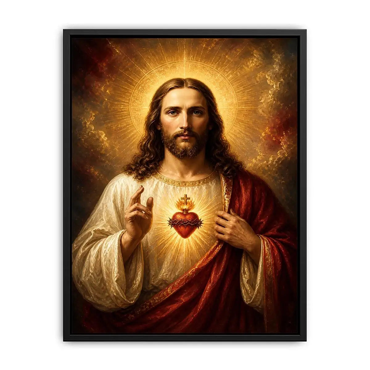 Sacred Heart of Jesus wall art with glowing halo and golden spiritual renaissance painting canvas print