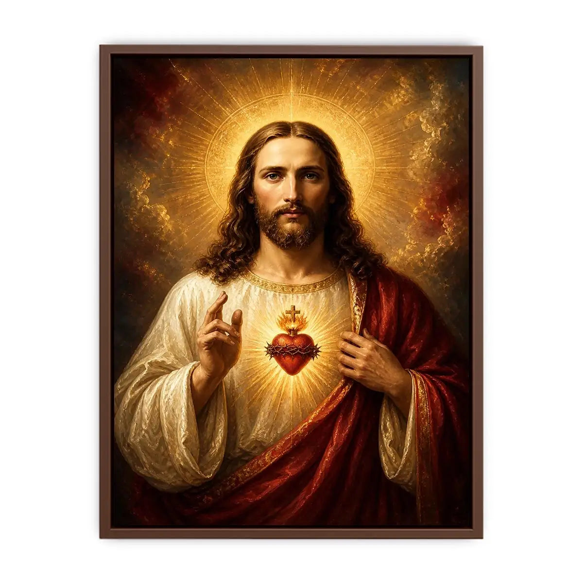 Sacred Heart of Jesus wall art with glowing halo and golden spiritual renaissance painting canvas print