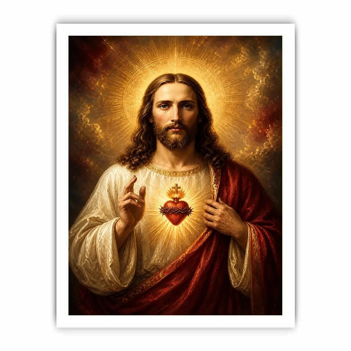 Sacred Heart of Jesus wall art with glowing halo and golden spiritual renaissance painting canvas print