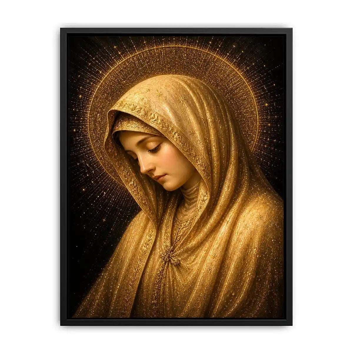 Golden Virgin Mary wall art with radiant halo luxury renaissance religious canvas print