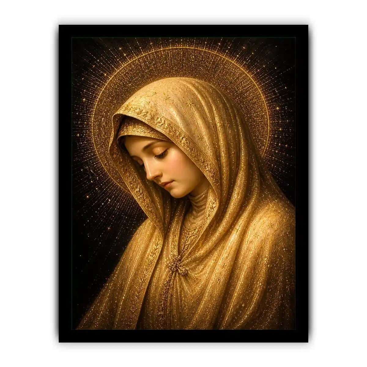 Golden Virgin Mary wall art with radiant halo luxury renaissance religious canvas print