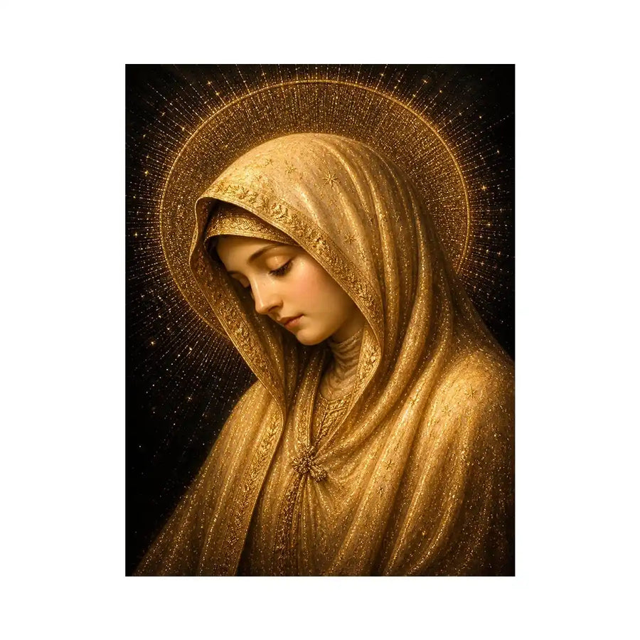 Golden Virgin Mary wall art with radiant halo luxury renaissance religious canvas print