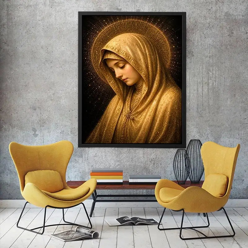 Golden Virgin Mary wall art with radiant halo luxury renaissance religious canvas print