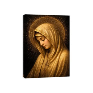 Golden Virgin Mary wall art with radiant halo luxury renaissance religious canvas print