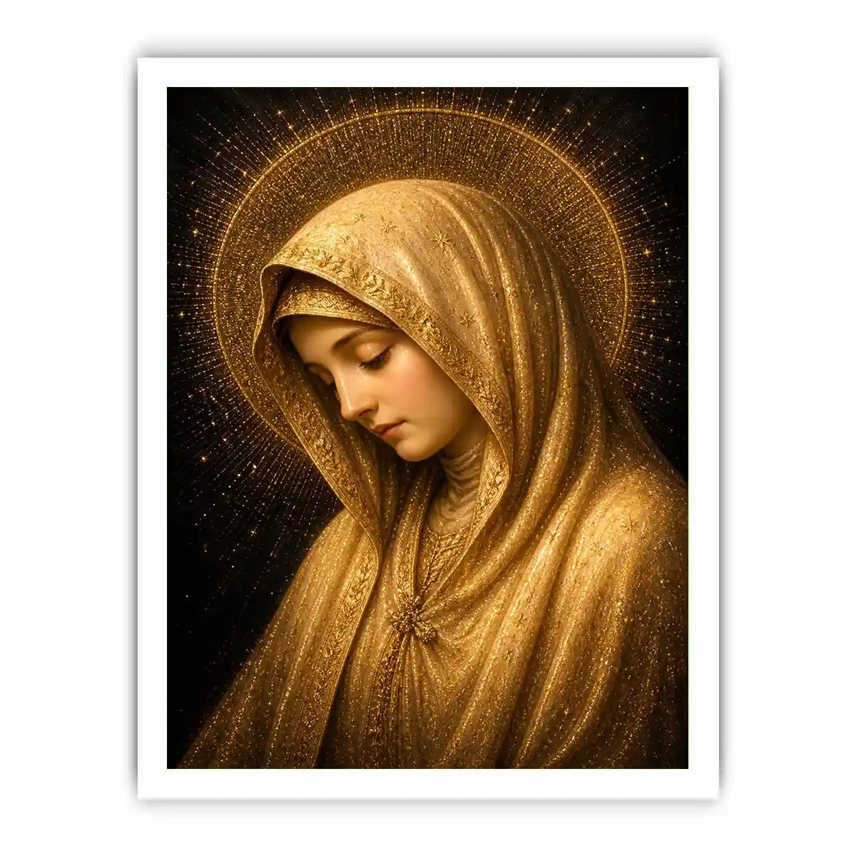 Golden Virgin Mary wall art with radiant halo luxury renaissance religious canvas print